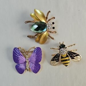 Trio Of Brooches, Bee, Butterfly, And Bug